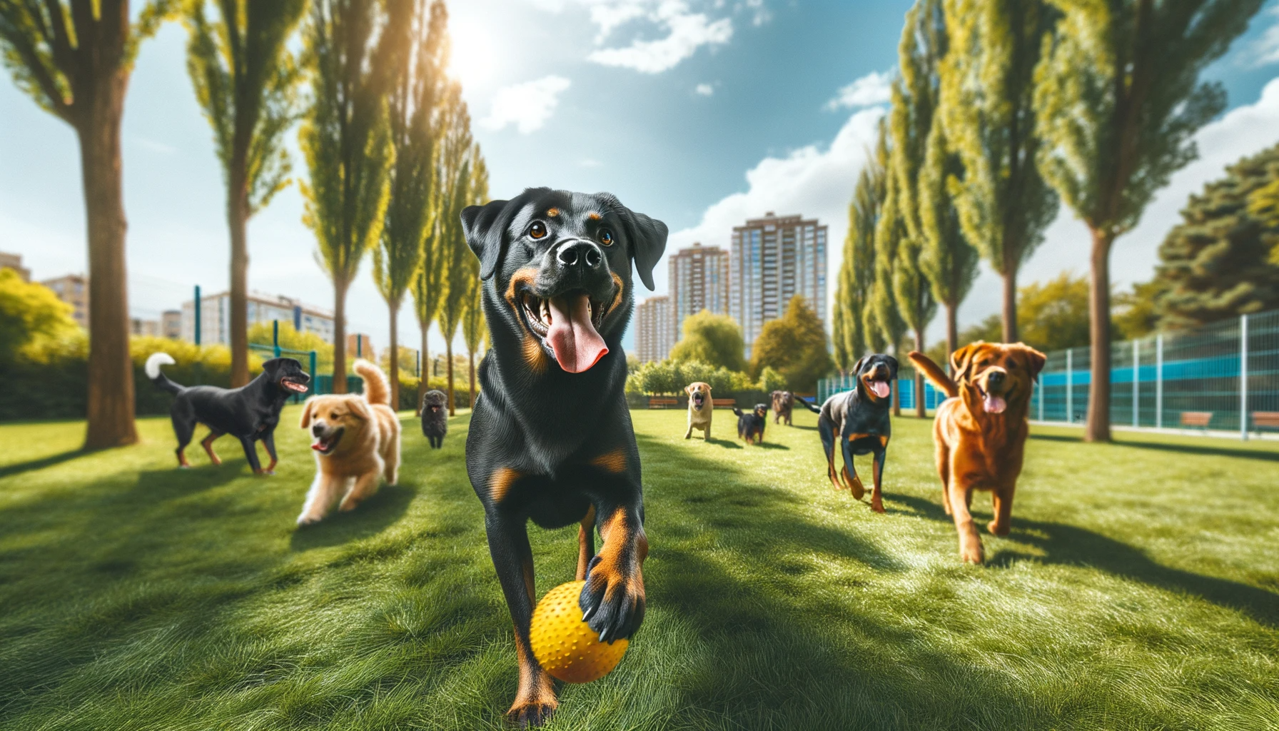 A Labrador mixed with Rottweiler joyfully playing fetch with other dogs at a park, showing the importance of proper socialization