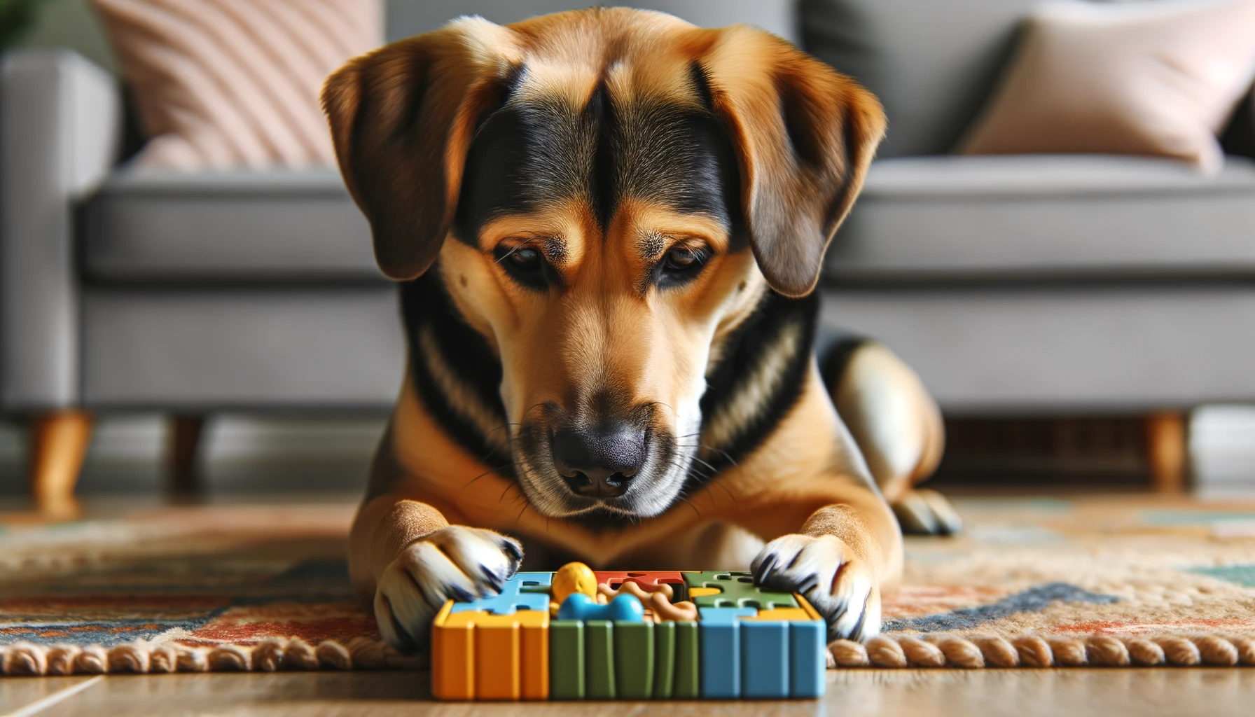 A Labrador mixed with Rottweiler totally engrossed in a puzzle toy, proving that their brains are as active as their tails