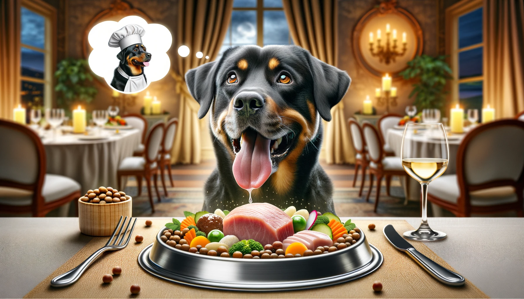 A Labrador Rottweiler mix salivating over a plate of gourmet dog food, because they deserve only the best.