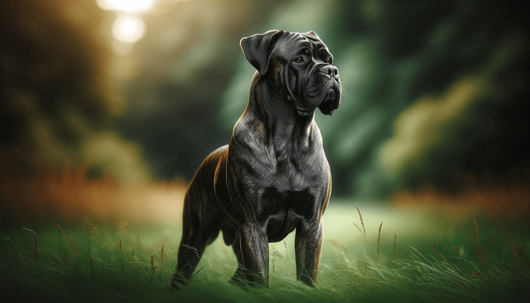 A majestic brindle Cane Corso standing on grass, looking off into the distance, exuding a strong and regal presence.