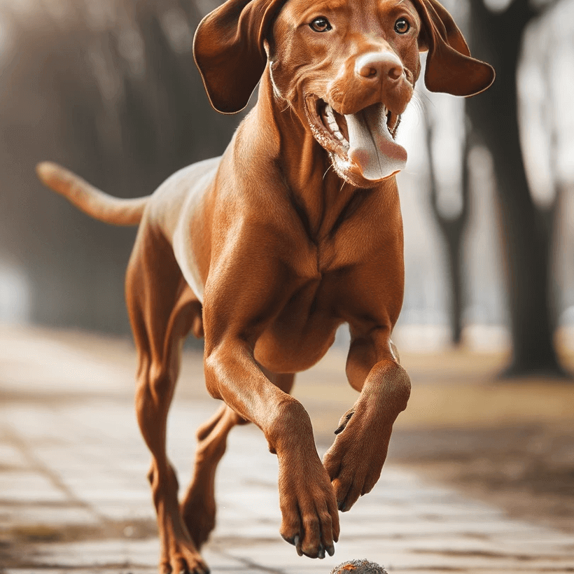 A male Vizsla Lab Mix in the middle of an epic fetch game, tongue hanging out and all