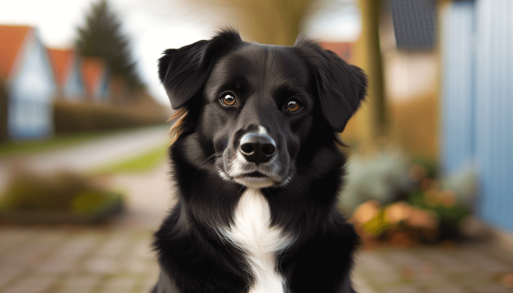Mature Borador Border Collie Lab Mix with a sleek black coat and a white chest.