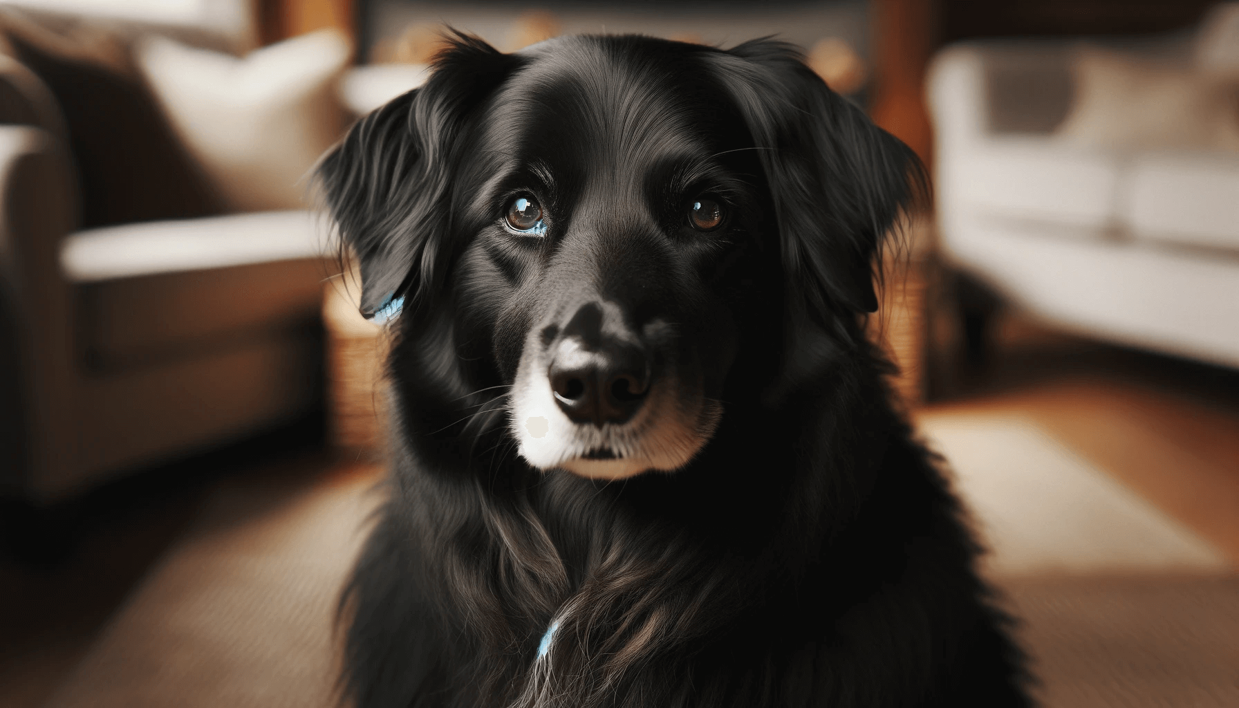 Mature Borador Border Collie Lab Mix with a solid black coat featuring soulful eyes and a relaxed posture, indicative of a well-socialized dog.
