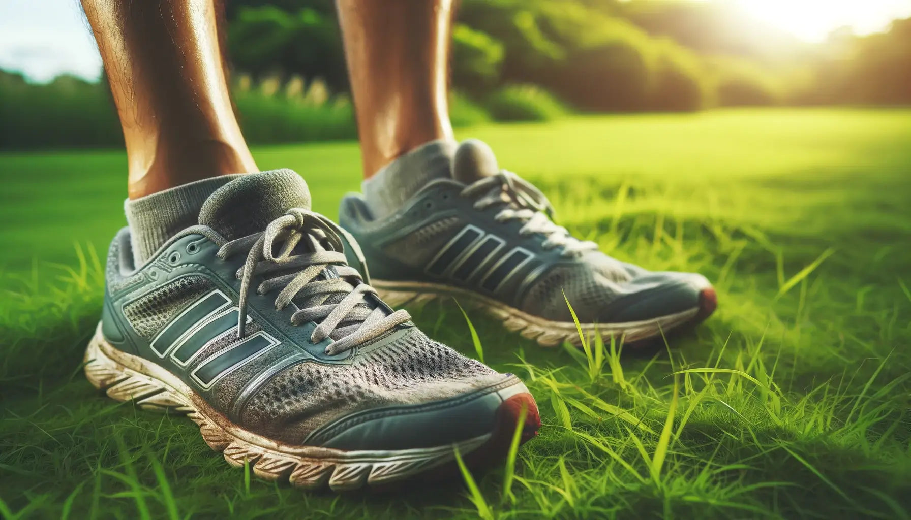 A pair of well-worn running shoes on a vibrant green grass field, symbolizing the role of Betaine in sports nutrition and recovery