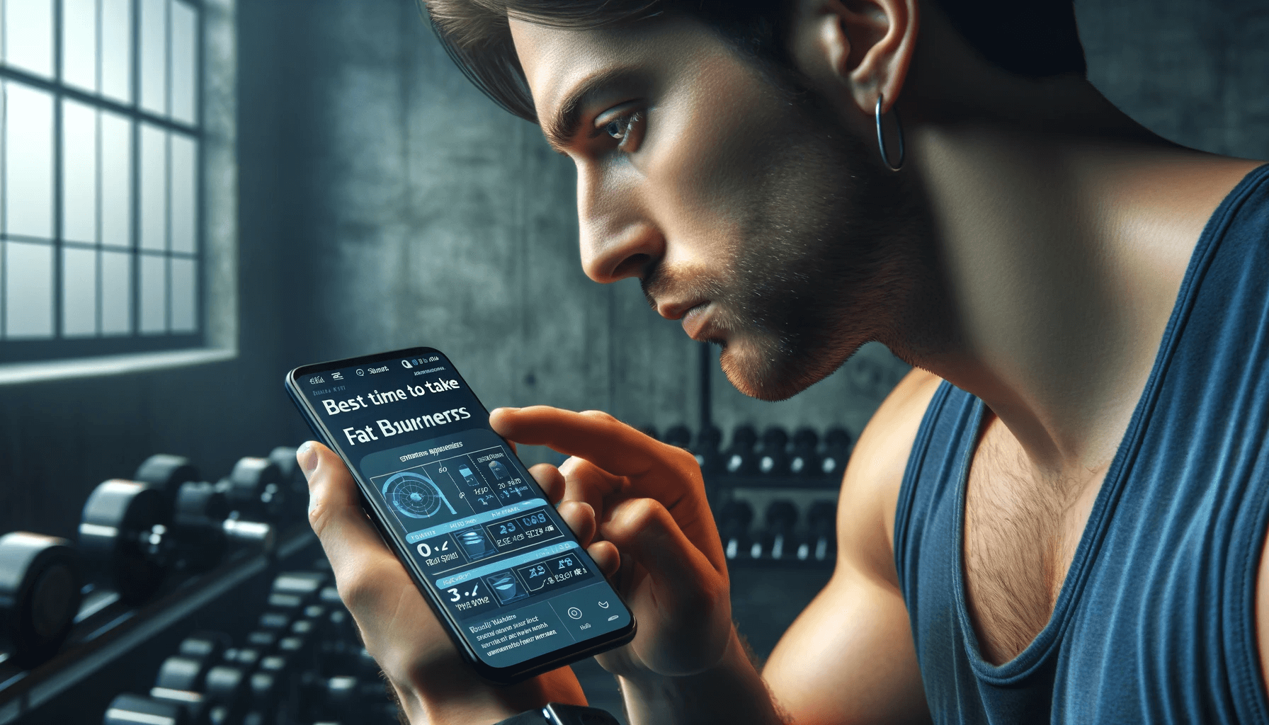 A person consulting a fitness app on their smartphone about the best time to take fat burners