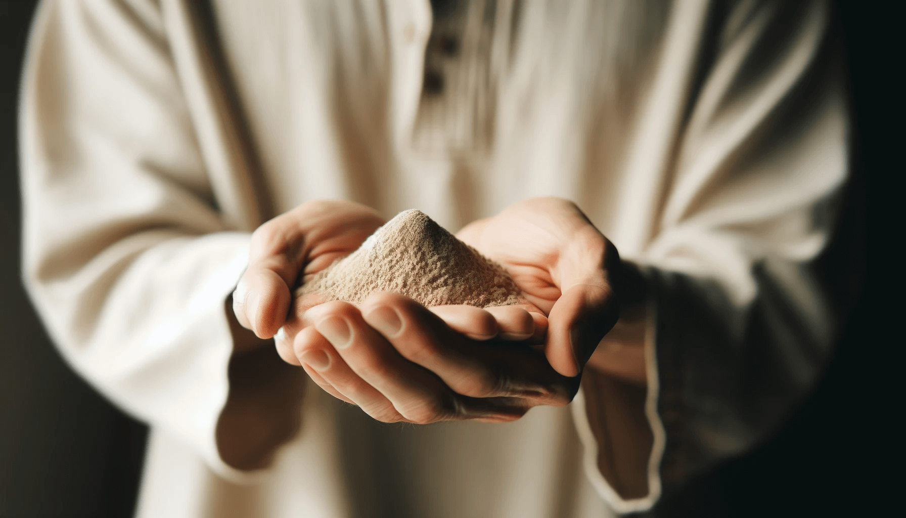 Person holding a handful of Ashwagandha powder with a light neutral background