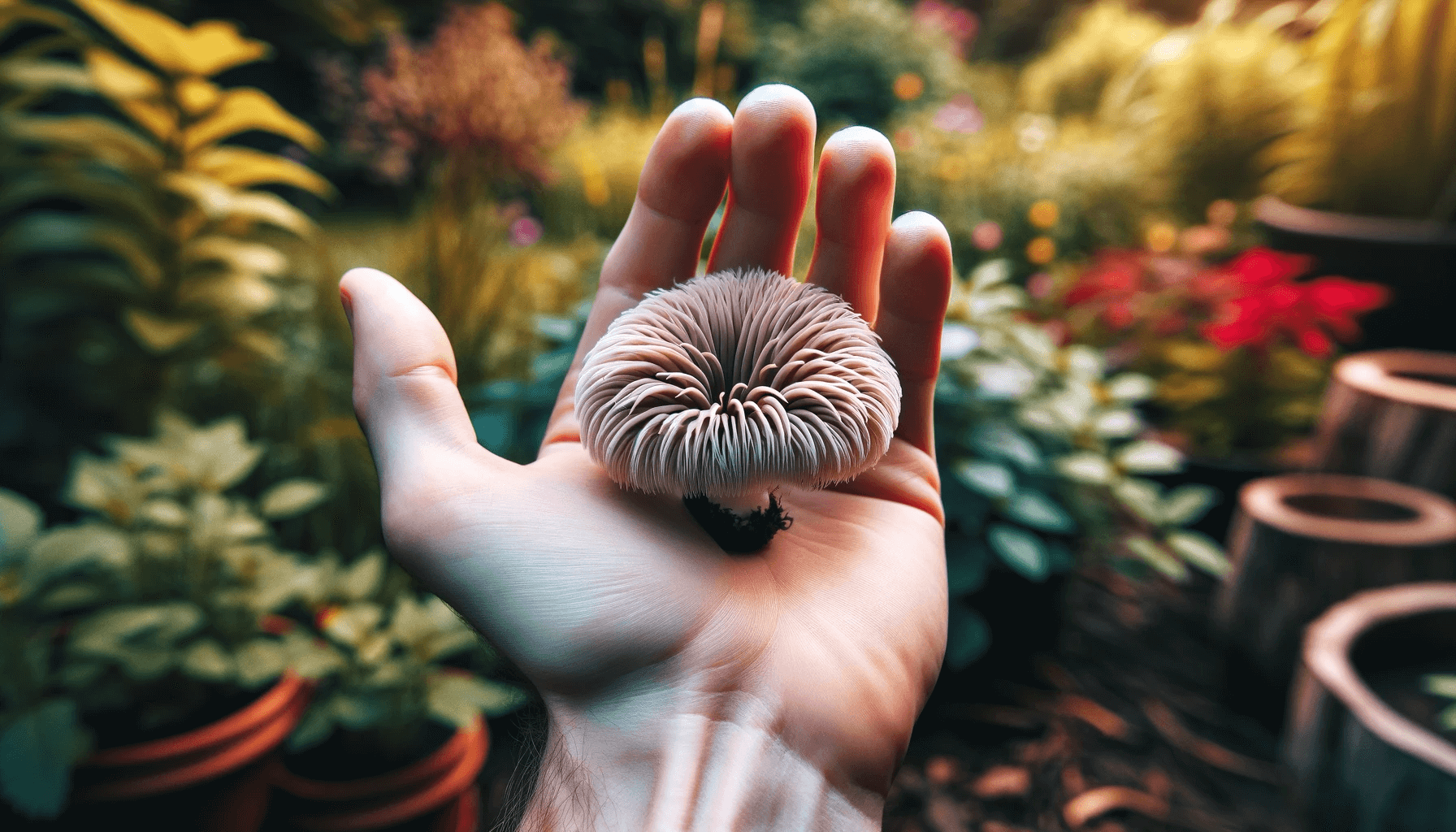A person's hand gently holding a small Lion's Mane mushroom, illustrating the scale of the mushroom compared to the hand. The background features a gentle blur.