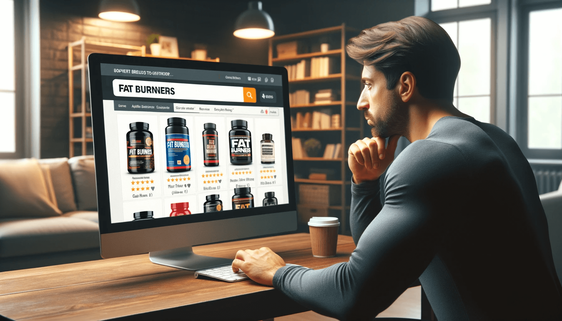 A person shopping online for fat burners, browsing through various brands and reviews for the best choice