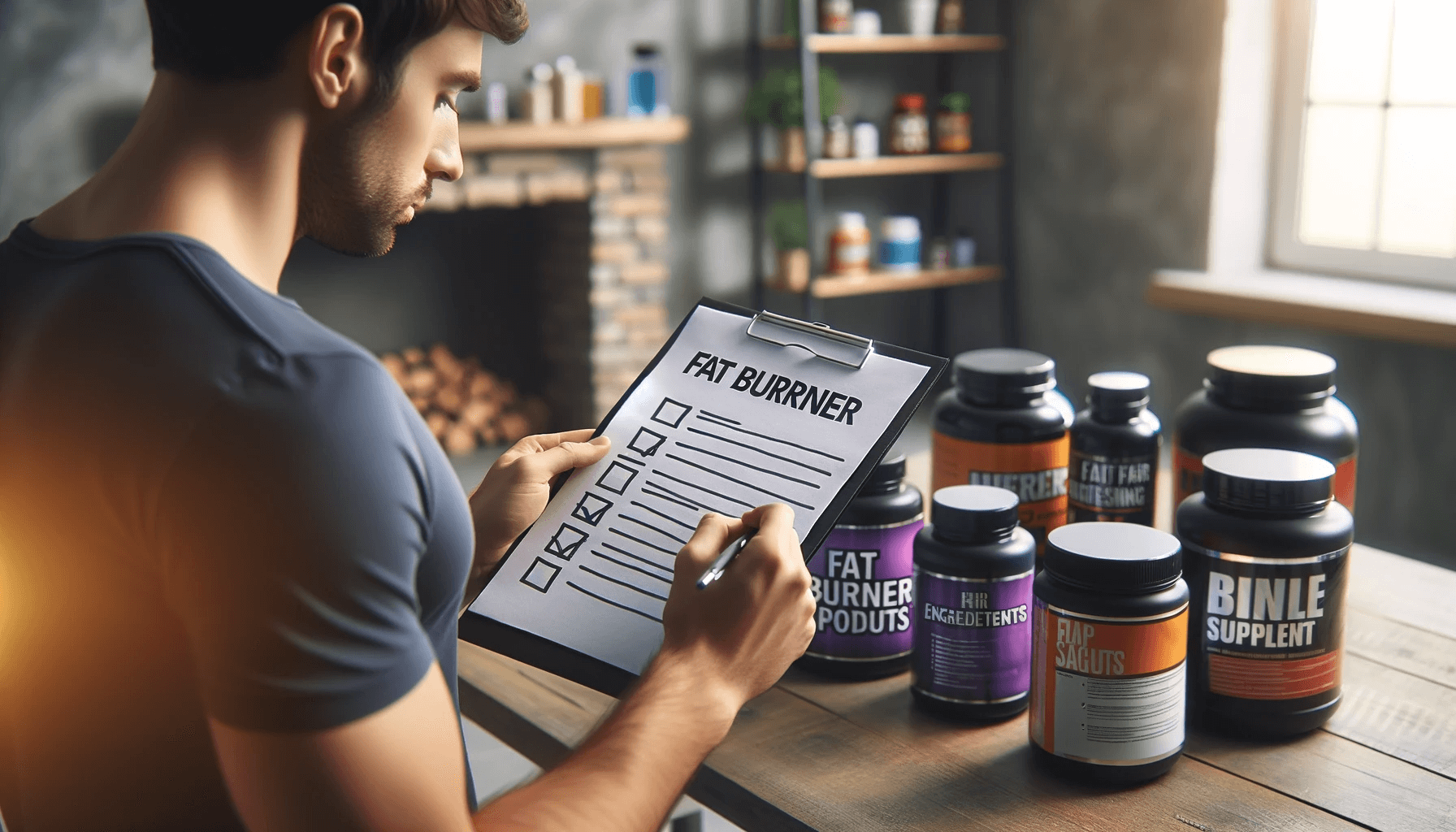 A person with a checklist evaluating different fat burner products, focusing on making an informed choice