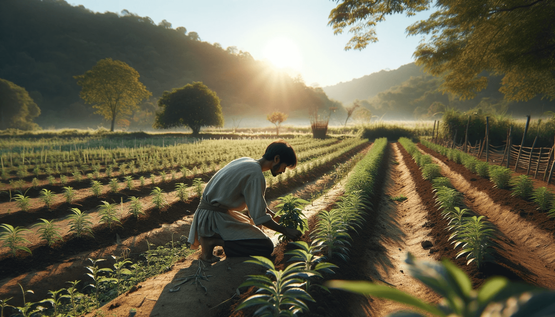 Person working in a sunlit field on early stages of Ashwagandha cultivation