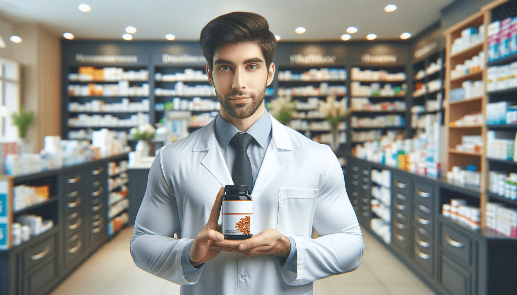 A pharmacist holding a fat burner supplement with a background of a well-stocked pharmacy