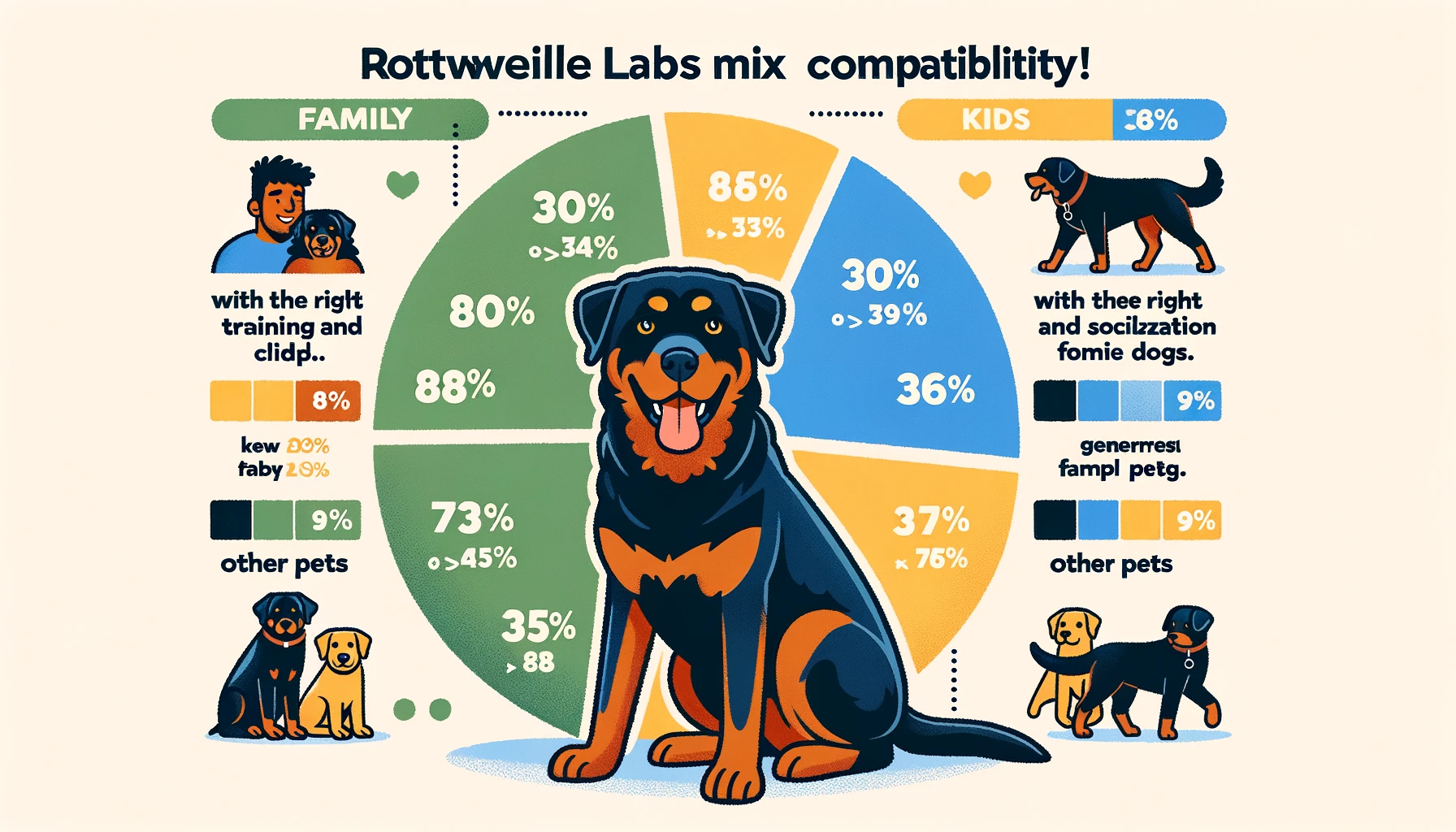 A pie chart showing the Rottweiler Lab Mix's compatibility score with family, kids, and other pets, emphasizing that they're generally good family pets with the right training and socialization