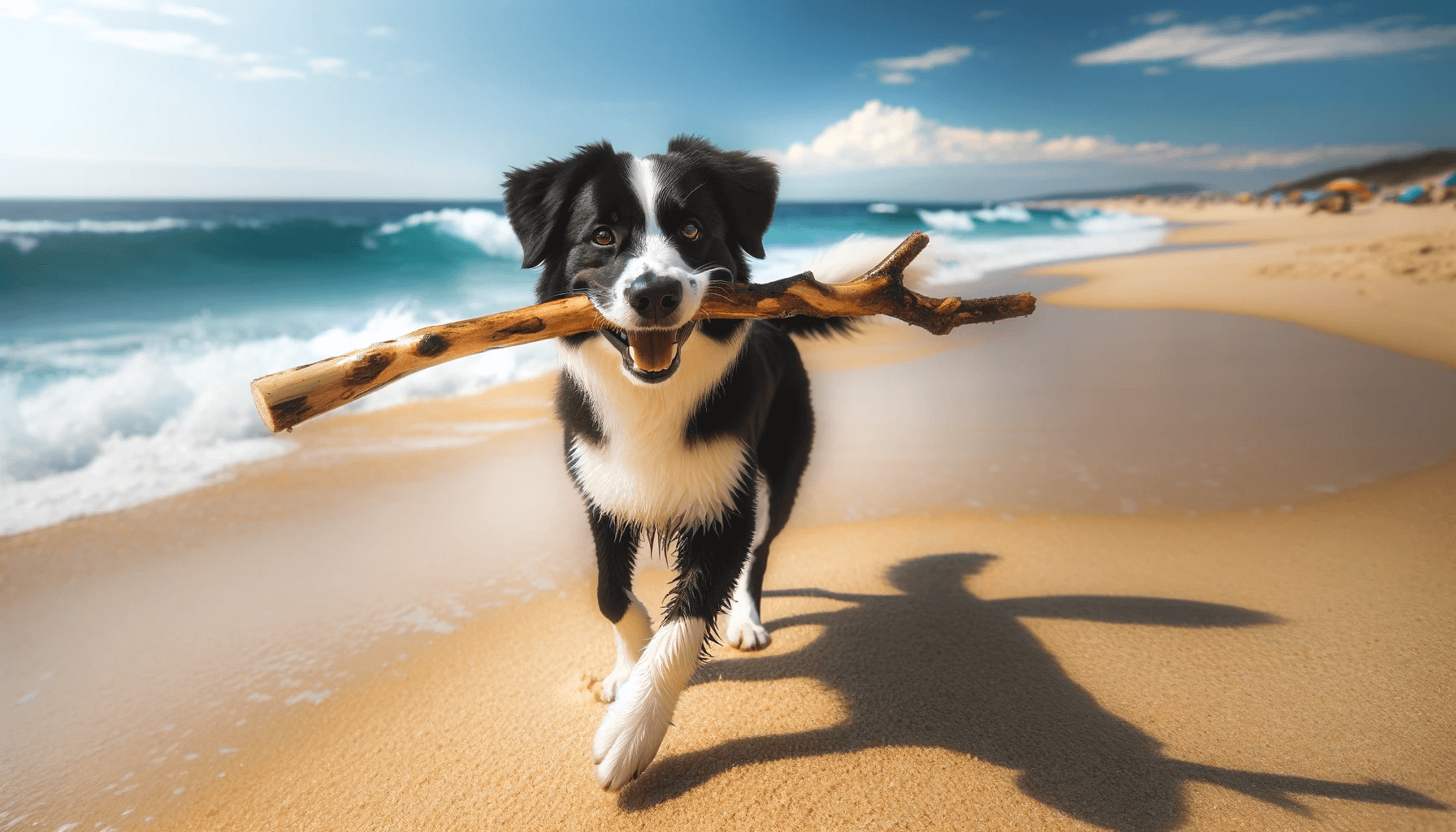 Playful Borador Border Collie Lab Mix with a black and white coat carrying a stick in its mouth on a sandy beach.