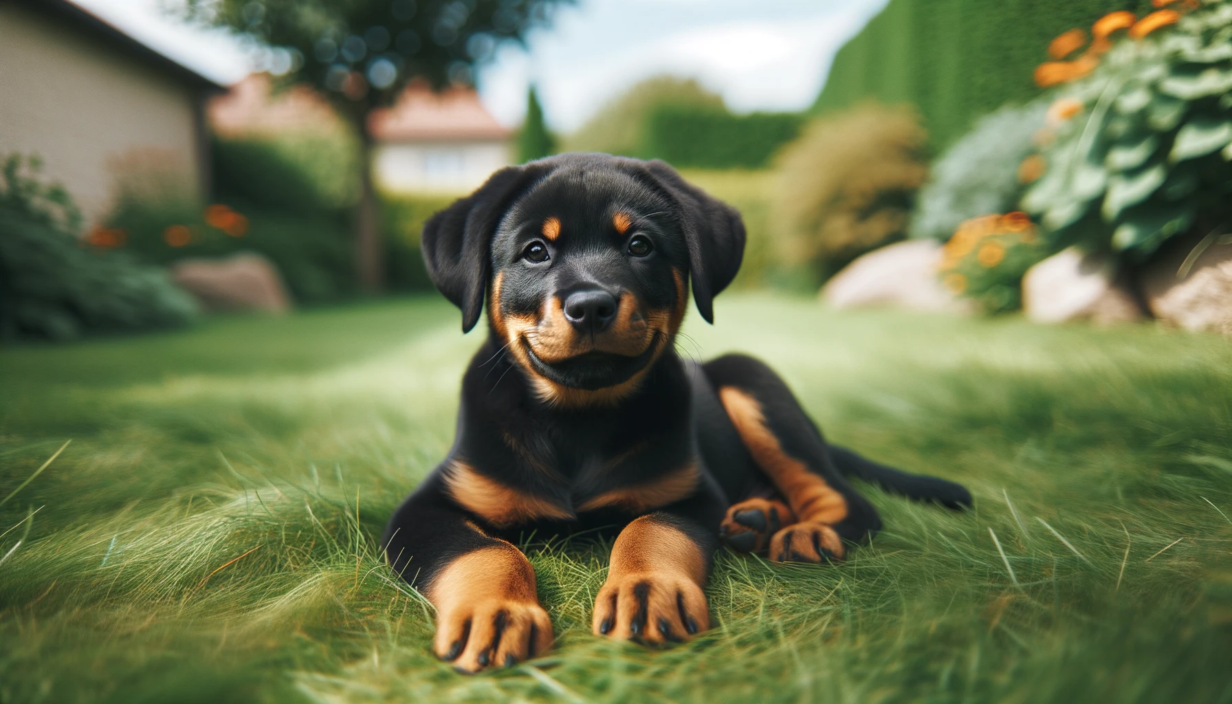 A playful Rottweiler Lab Mix Puppy lounging in the grass.