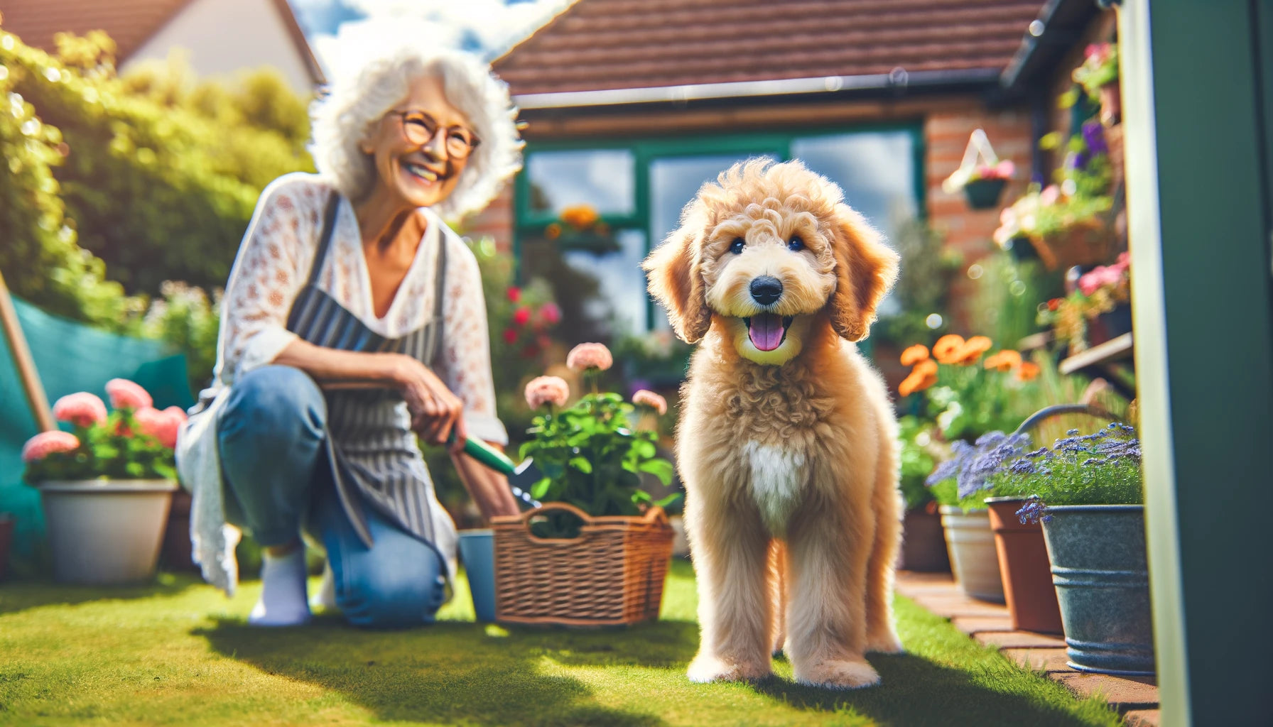 Playful yet Protective Mini Goldendoodle standing guard in front of a smiling Baby Boomer gardening outside, showing the dog's dual role as a companion.