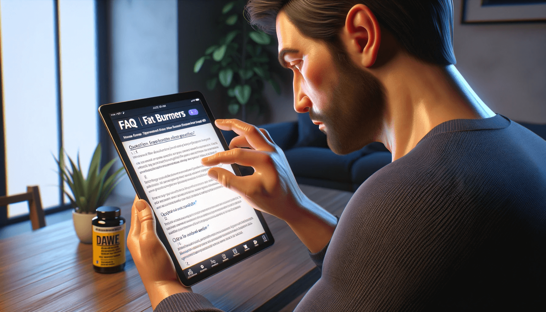 A realistic portrayal of a person reading an FAQ section about fat burners on their tablet