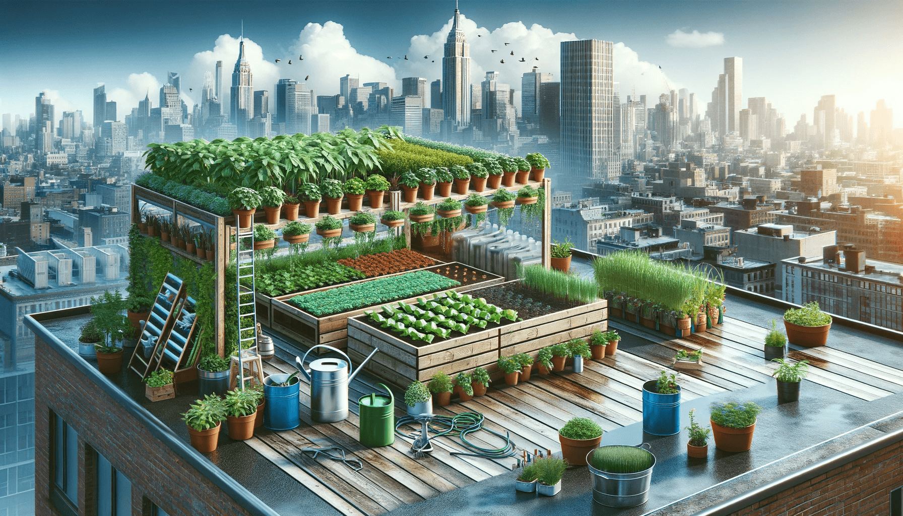 A rooftop garden or urban farm using fulvic acid to enhance plant growth