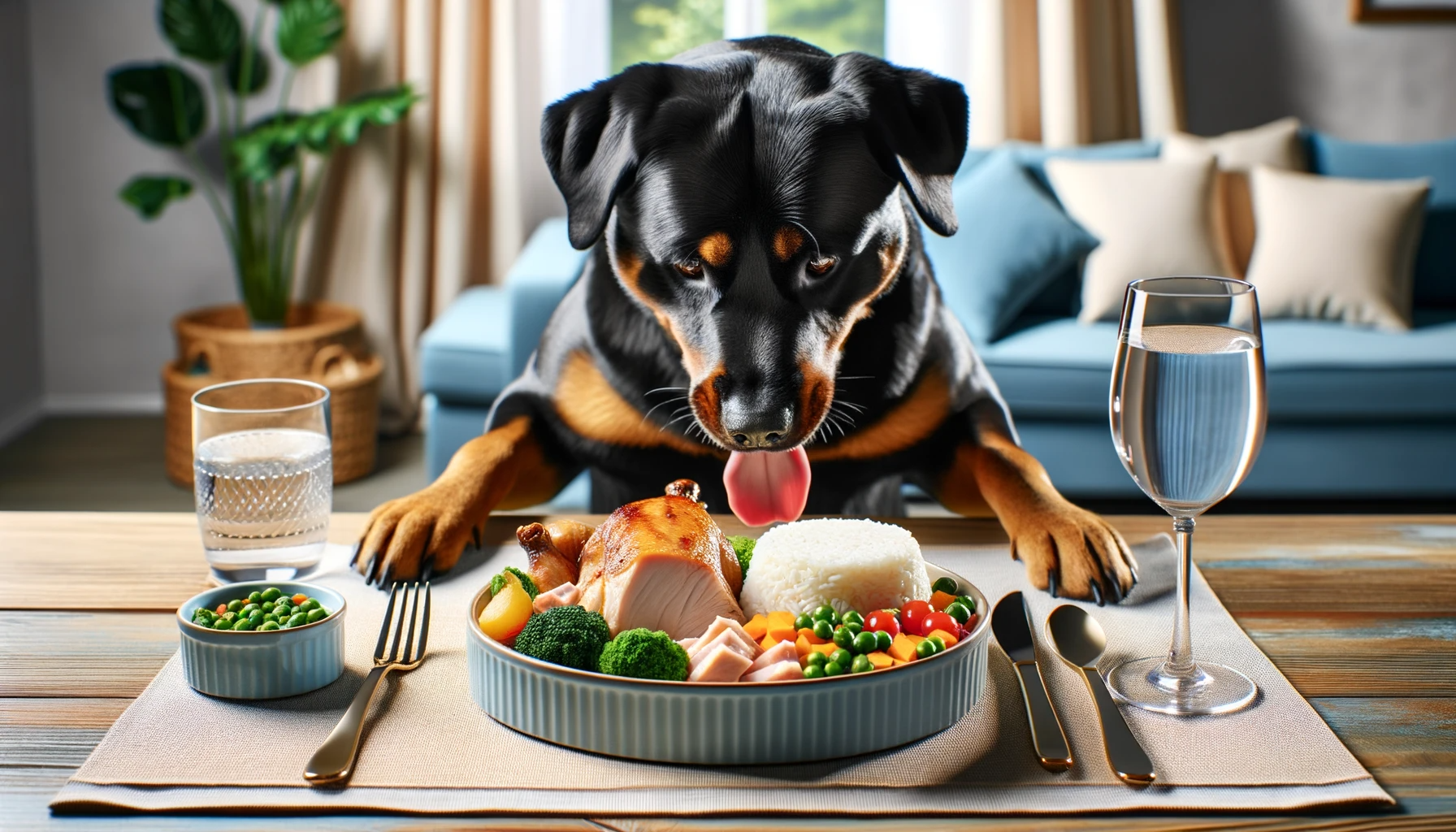 A Rottweiler mixed Labrador diving into a gourmet dish filled with chicken, rice, and veggies, showcasing the importance of a balanced diet
