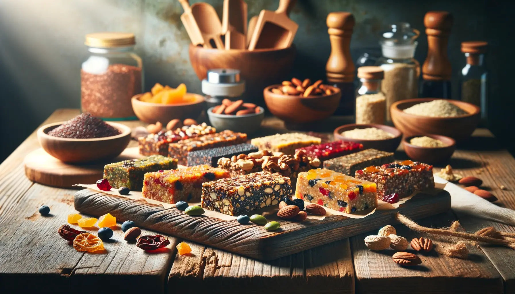 A rustic kitchen counter displaying a vibrant array of homemade energy bars made with Betaine-rich ingredients such as quinoa, nuts