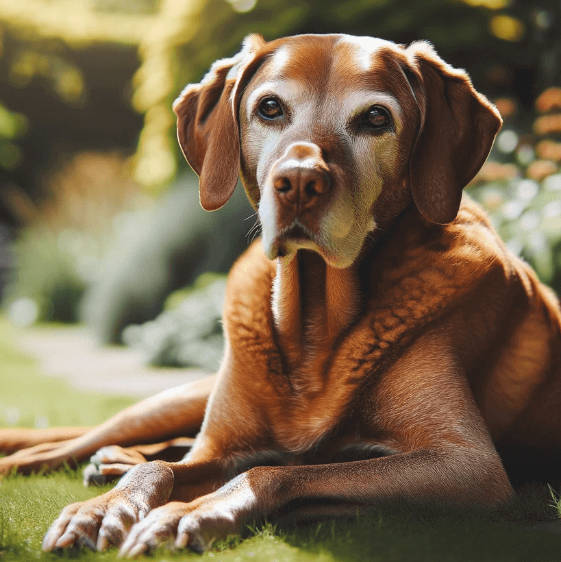 A senior Vizsla Lab Mix lounging in the sun, a picture of graceful aging