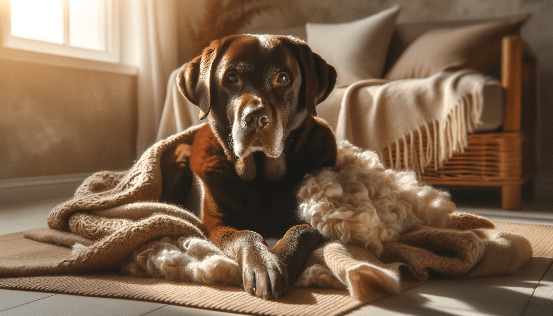 A senior chocolate Labrador Retriever lounging on a cozy blanket in a sunny spot. The dog looks relaxed.