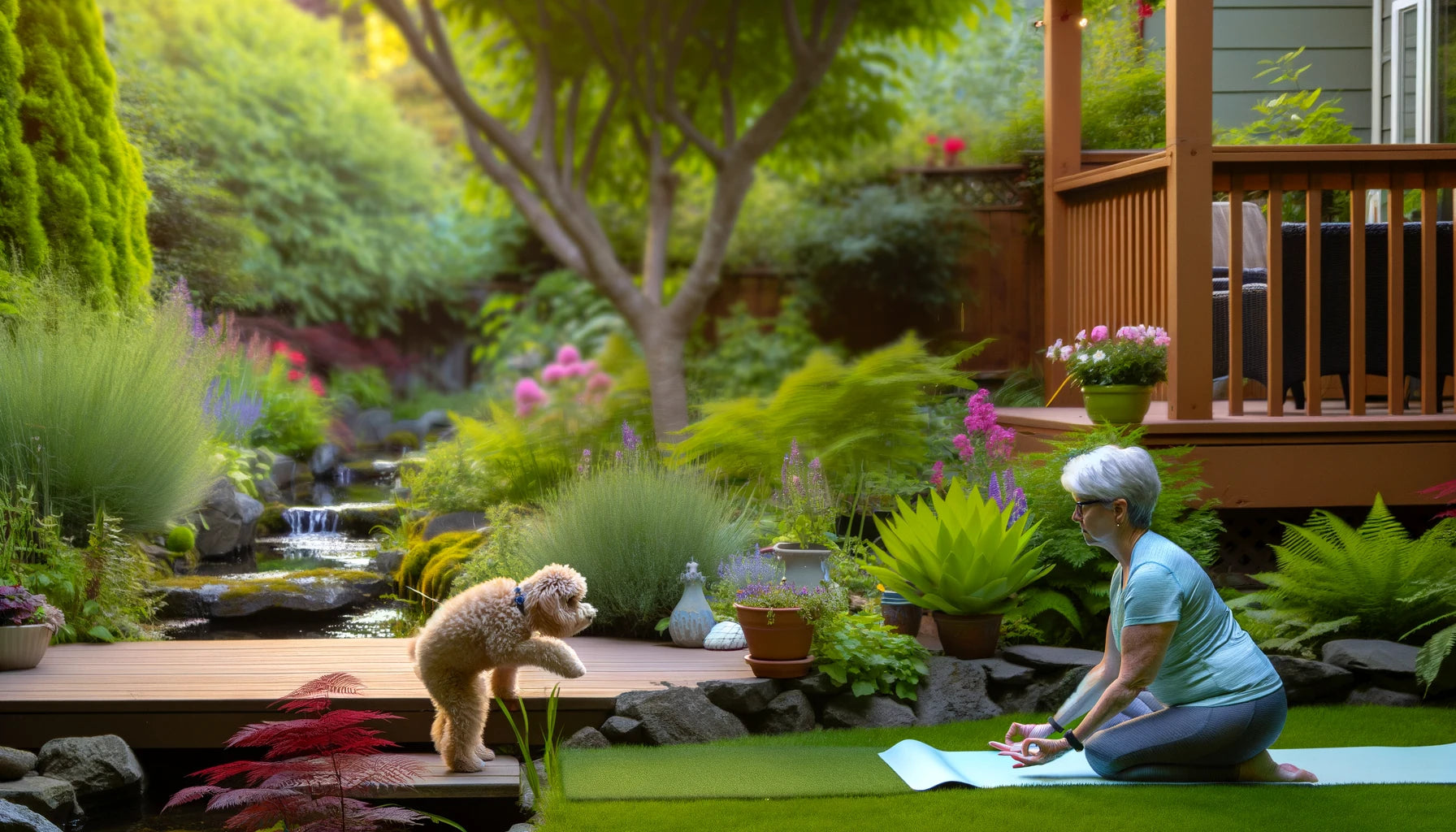 Serene image of a Baby Boomer practicing yoga in a peaceful garden with their Mini Goldendoodle sitting nearby or attempting to join in.
