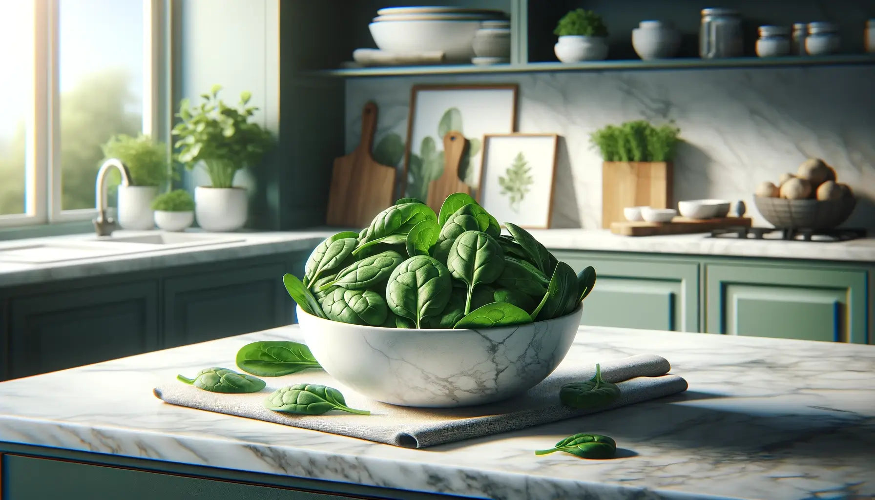 A serene kitchen scene with a bowl of fresh spinach on a marble countertop, highlighting dietary sources of Betaine