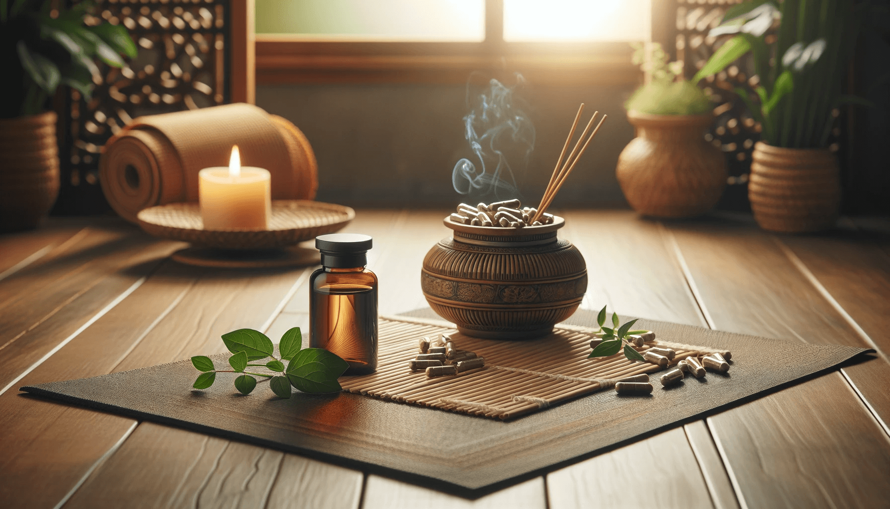 Serene yoga setting with Ashwagandha supplements on a bamboo mat