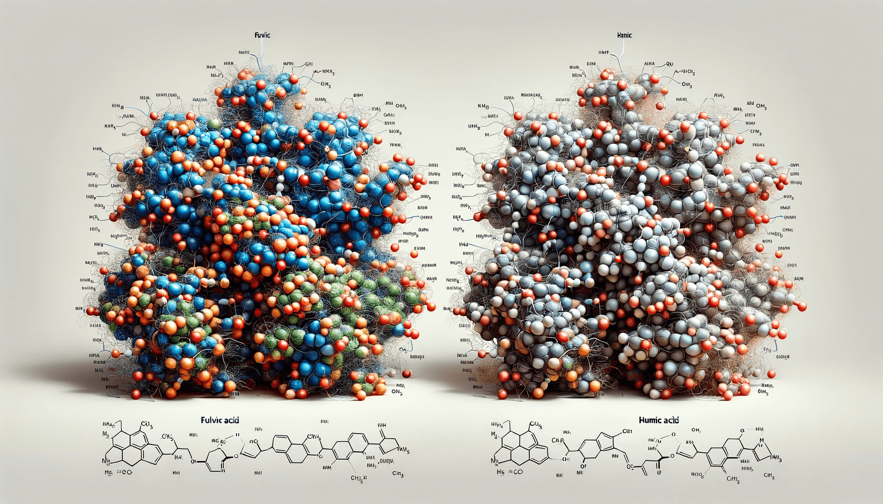 A side-by-side realistic comparison of fulvic and humic acid molecules