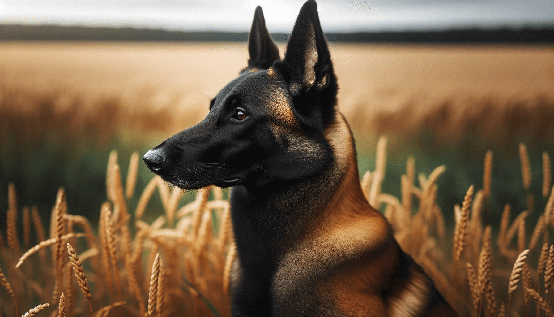 Rare Black Belgian Malinois in a field with a black and tan coat.