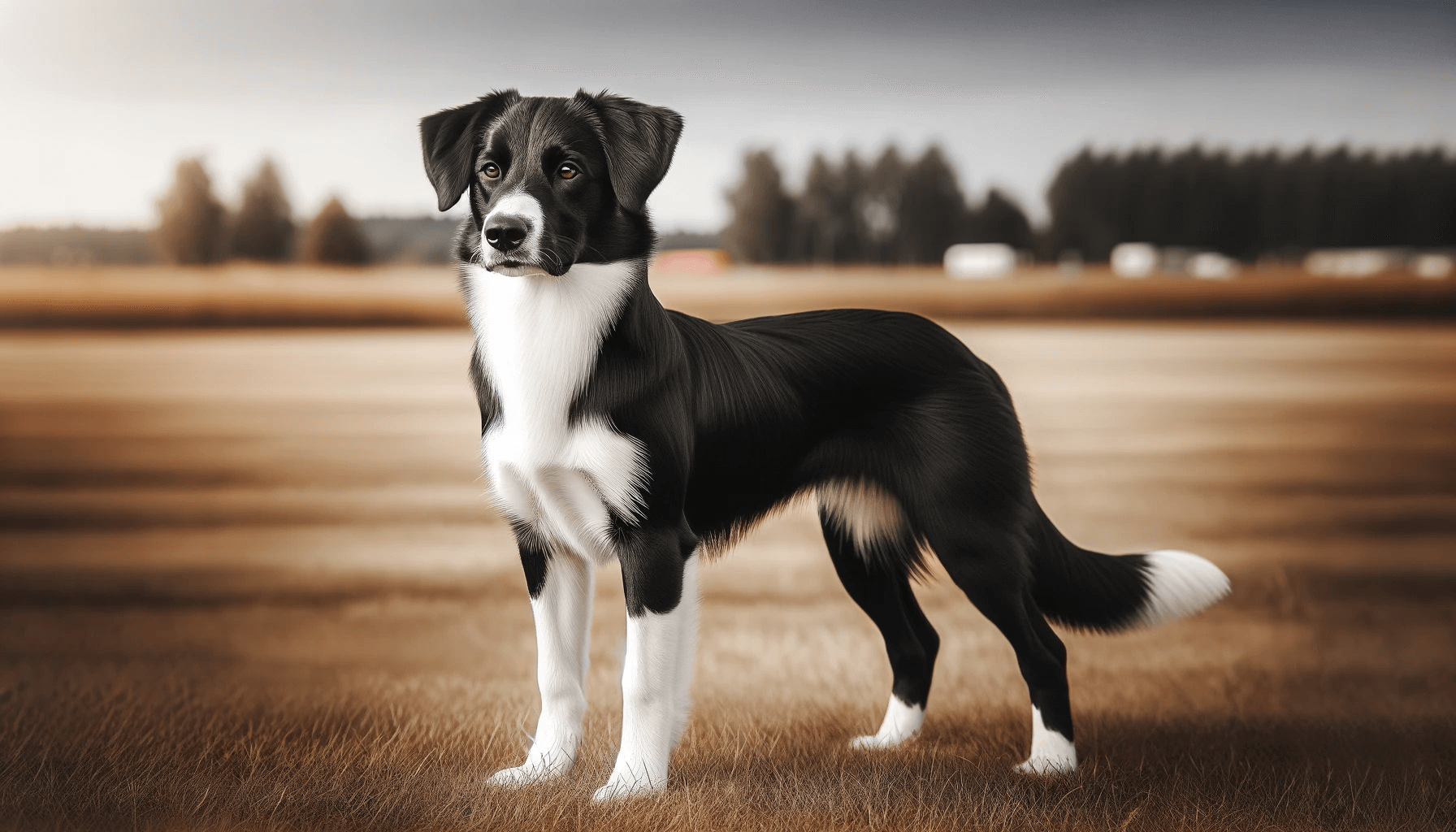 Sleek athletic Borador Border Collie Lab Mix with a black and white coat standing alert in an outdoor setting.