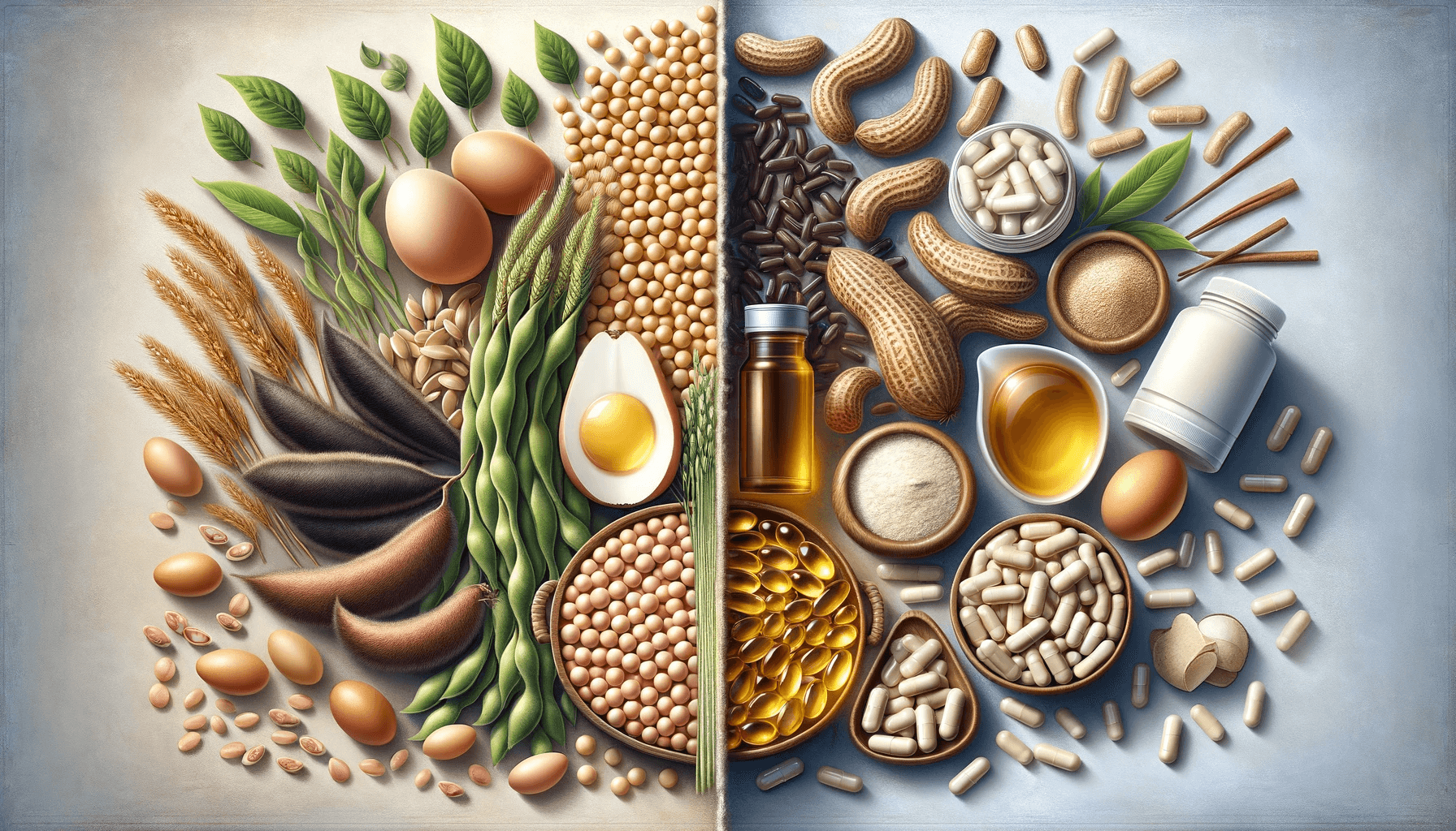 A split image comparing natural sources of Alpha GPC like soybeans on one side and synthetic capsules on the other.