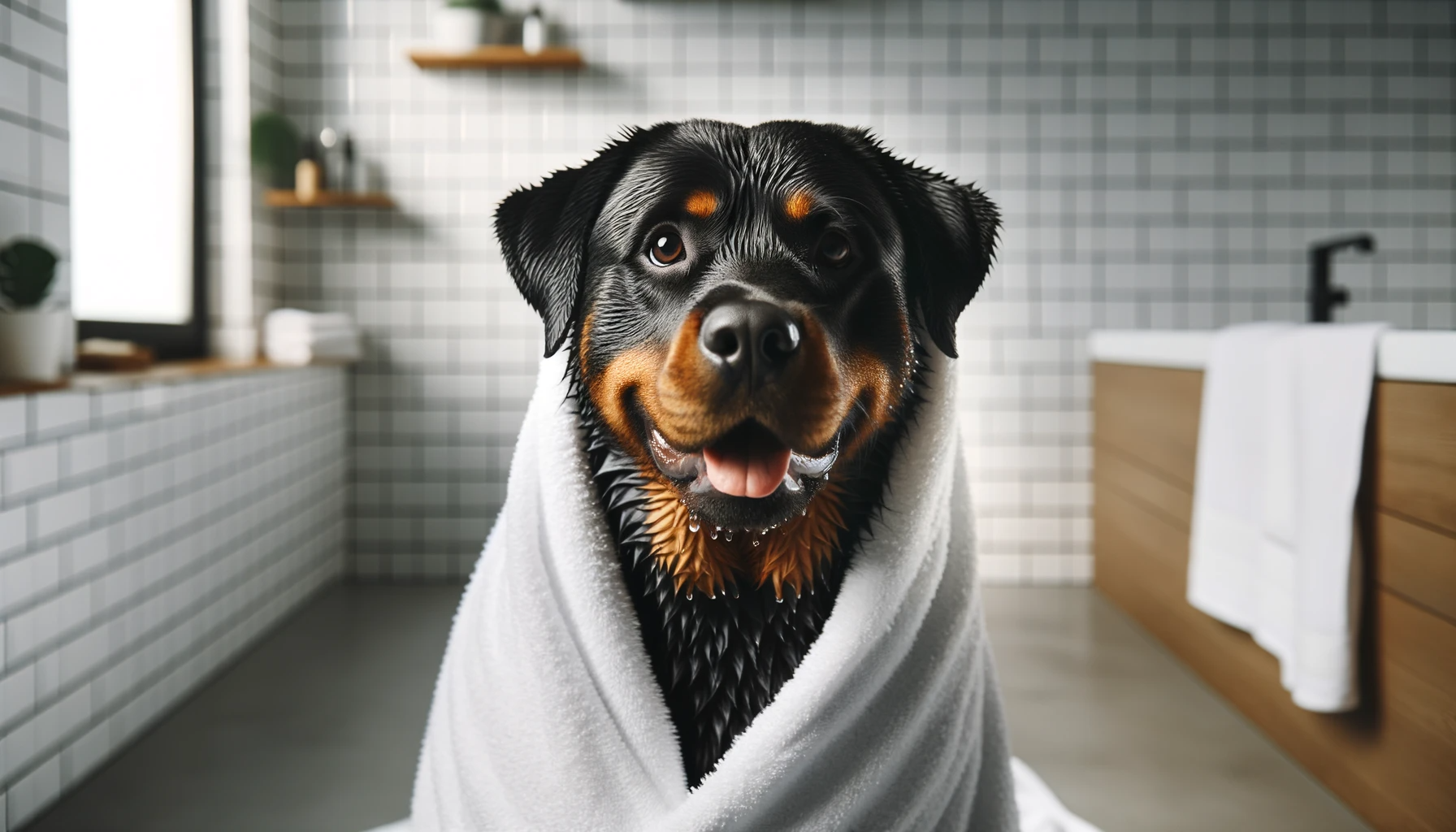 A squeaky clean Rottweiler mix with black lab wrapped in a fluffy towel, showing off a sparkling clean coat.