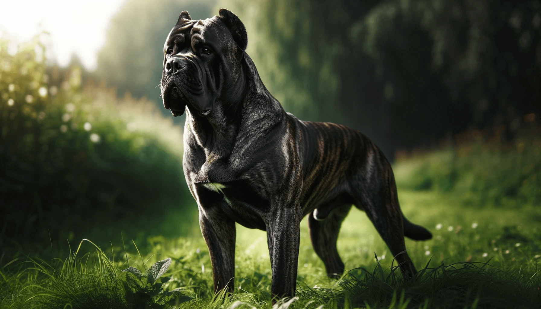 A sturdy brindle Cane Corso standing attentively in a grassy field. The sunlight accentuates its muscular frame, highlighting the distinctive brindle coat.