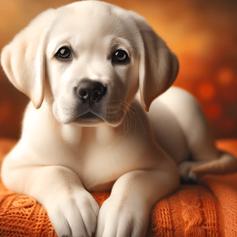 Sweet White Labrador Retriever Puppy on an Orange Blanket