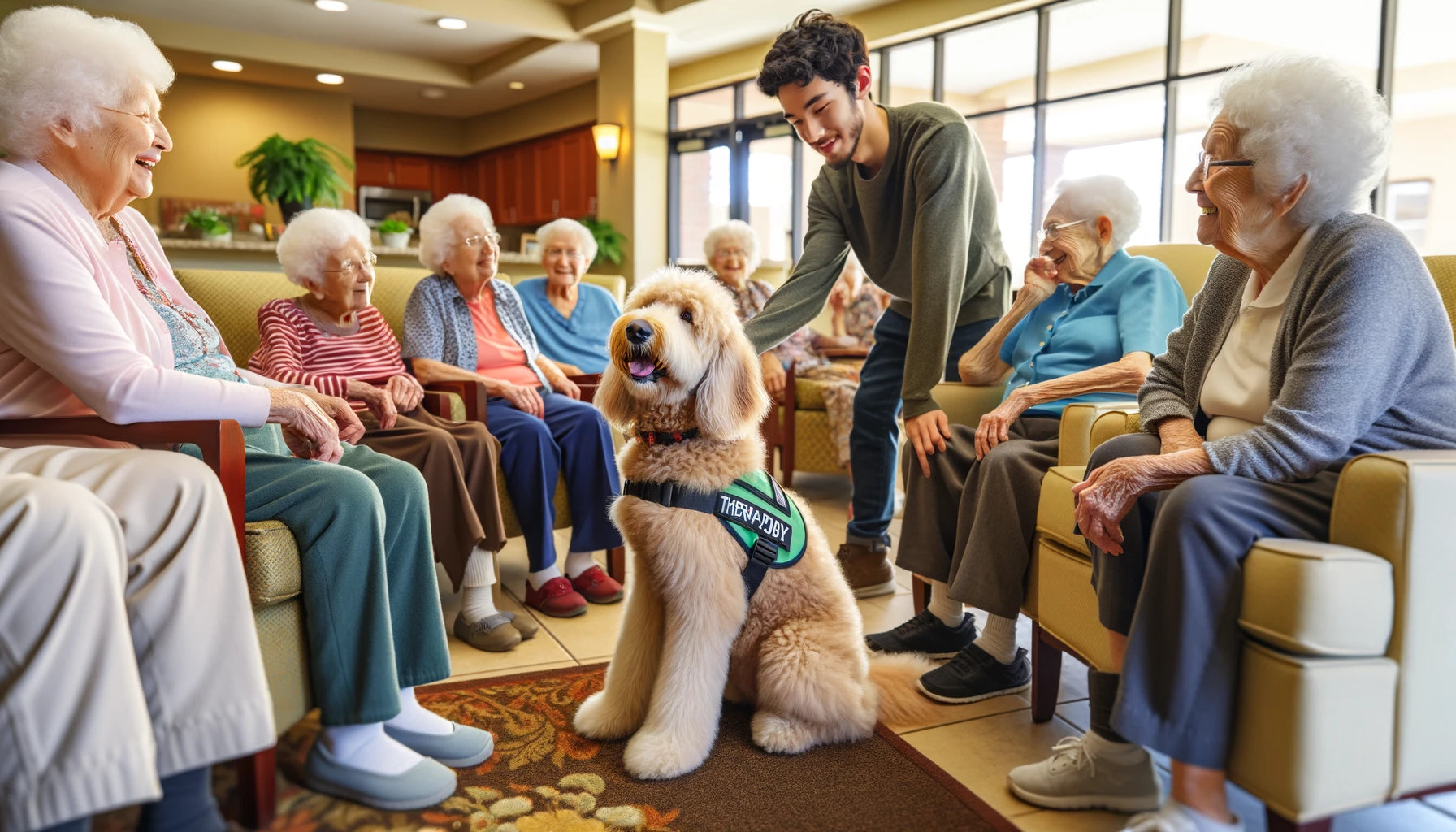 Therapy Mini Goldendoodle wearing a vest gently interacting with residents in a senior living facility, showcasing its role in providing joy.
