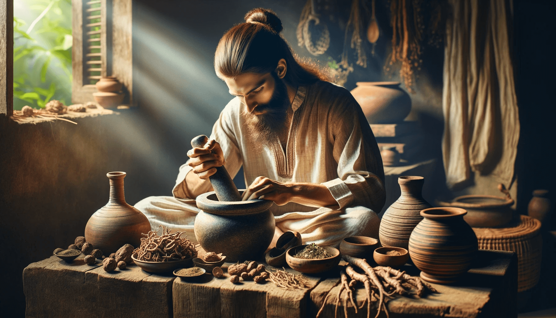 Traditional Ayurvedic practitioner preparing an Ashwagandha decoction in an old-fashioned serene setting