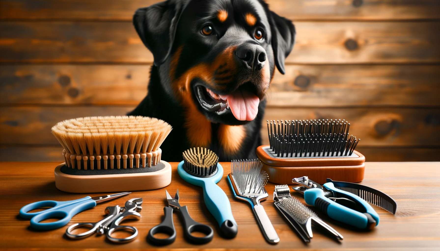 A variety of grooming tools like brushes and combs displayed, suitable for a Rottweiler mixed Lab