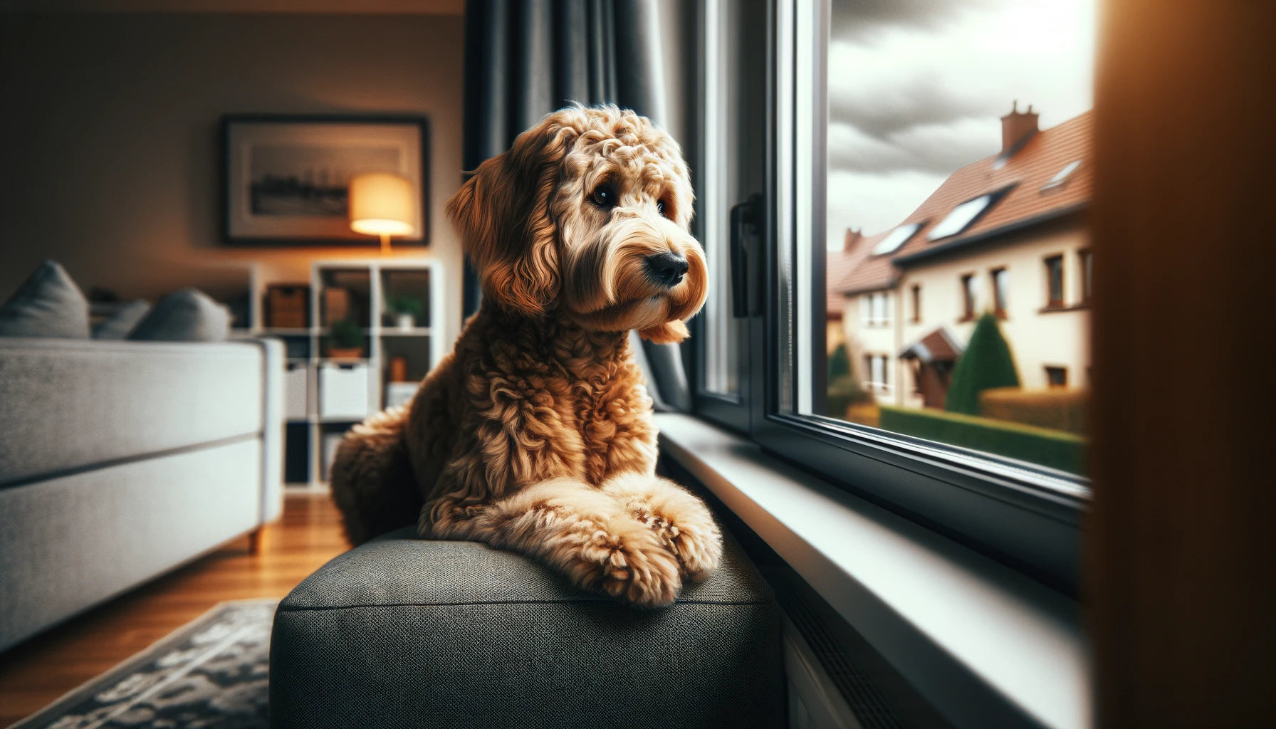 Vigilant Mini Goldendoodle perched by the window watching the outside world, symbolizing the breed's alertness and protective instinct.