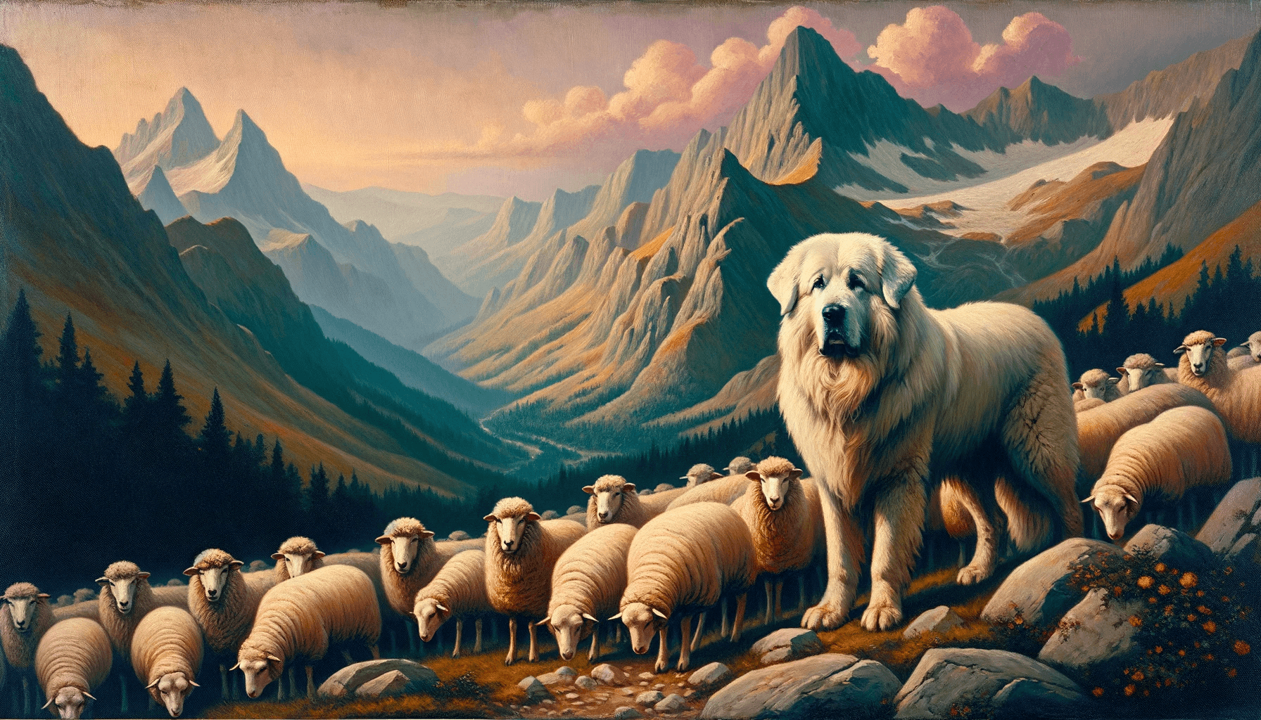 A vintage painting of a Great Pyrenees guarding sheep in the Pyrenees Mountains.