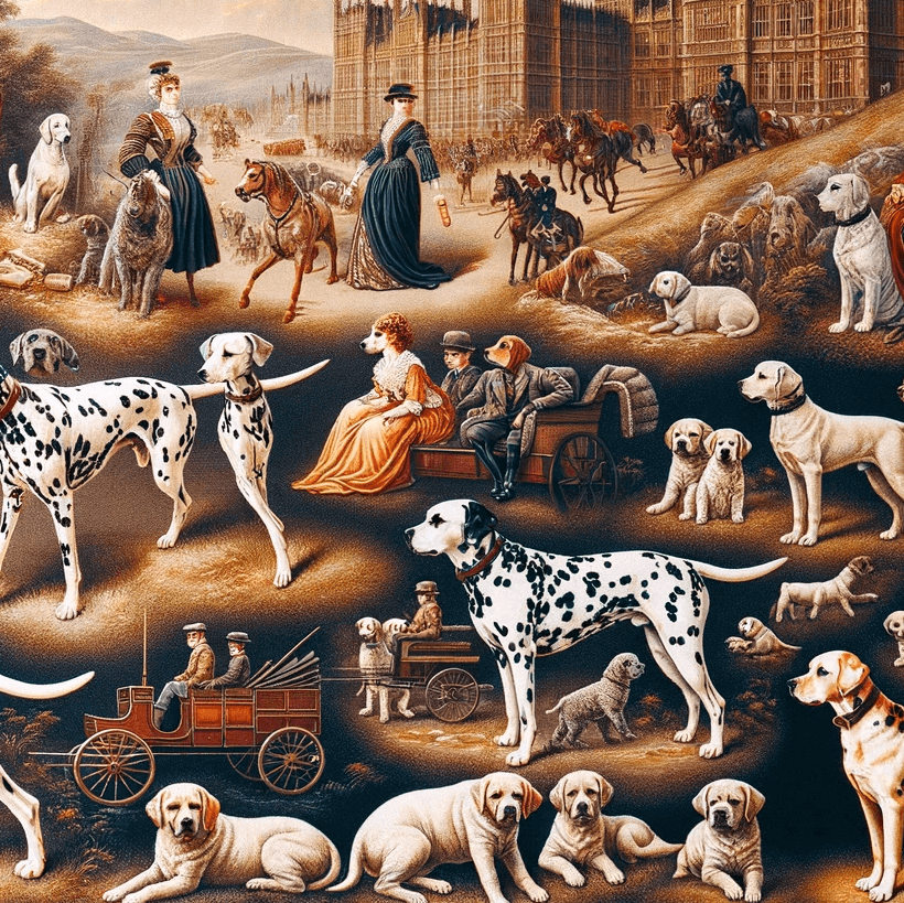 Vintage tapestry of Dalmatians and Labradors