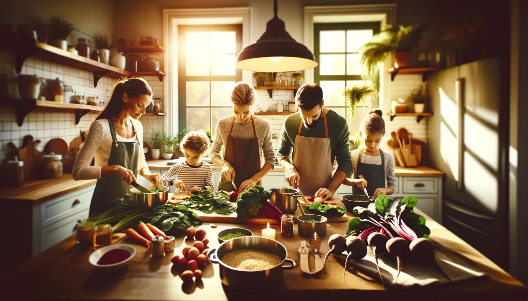 A warm and inviting kitchen scene where a family is gathered together preparing a meal