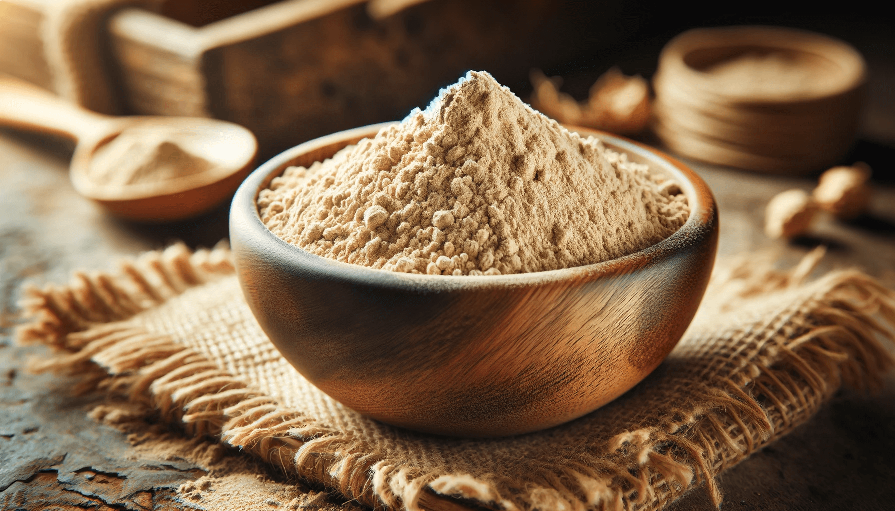 Wooden bowl filled with fine beige-colored ground Ashwagandha powder