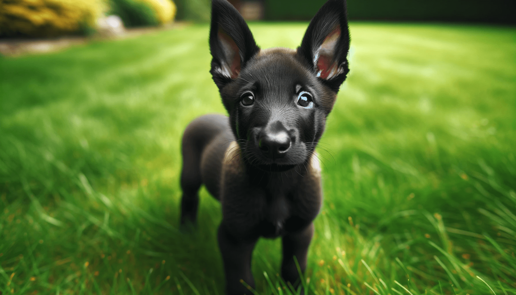 Rare Black Belgian Malinois puppy standing on grass with a curious or attentive look, with its ears perked up.