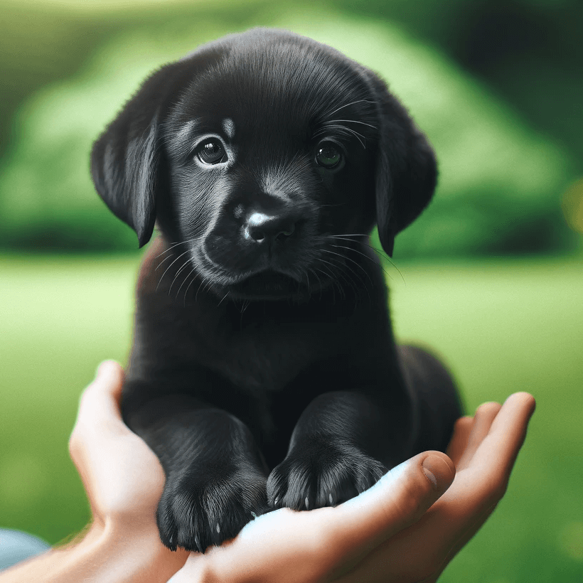 Curious Black Labrador Puppy Held Gently in a Hand