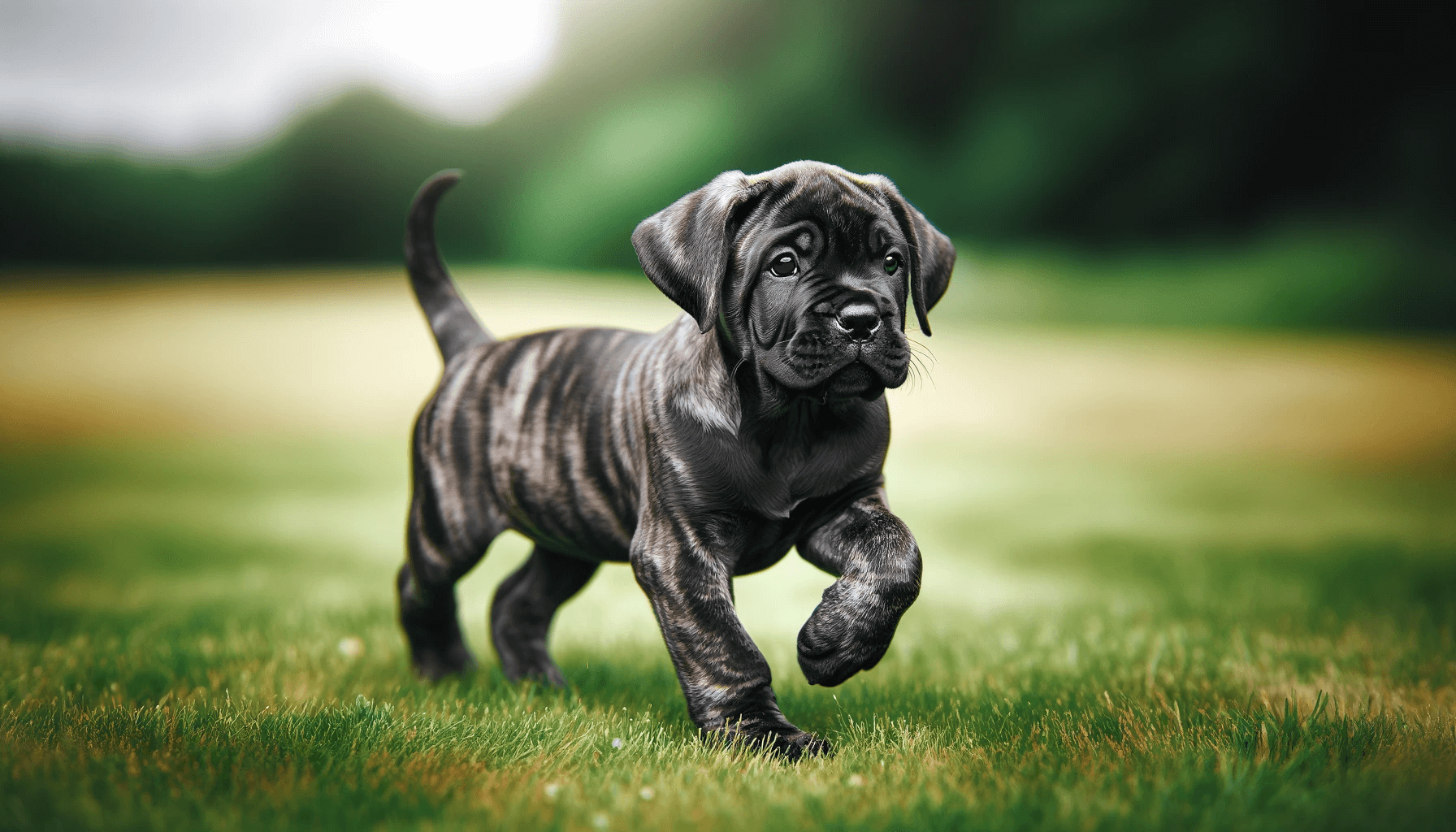 A young brindle Cane Corso puppy in mid-walk on a grassy field, capturing the breed's spirited and lively nature.