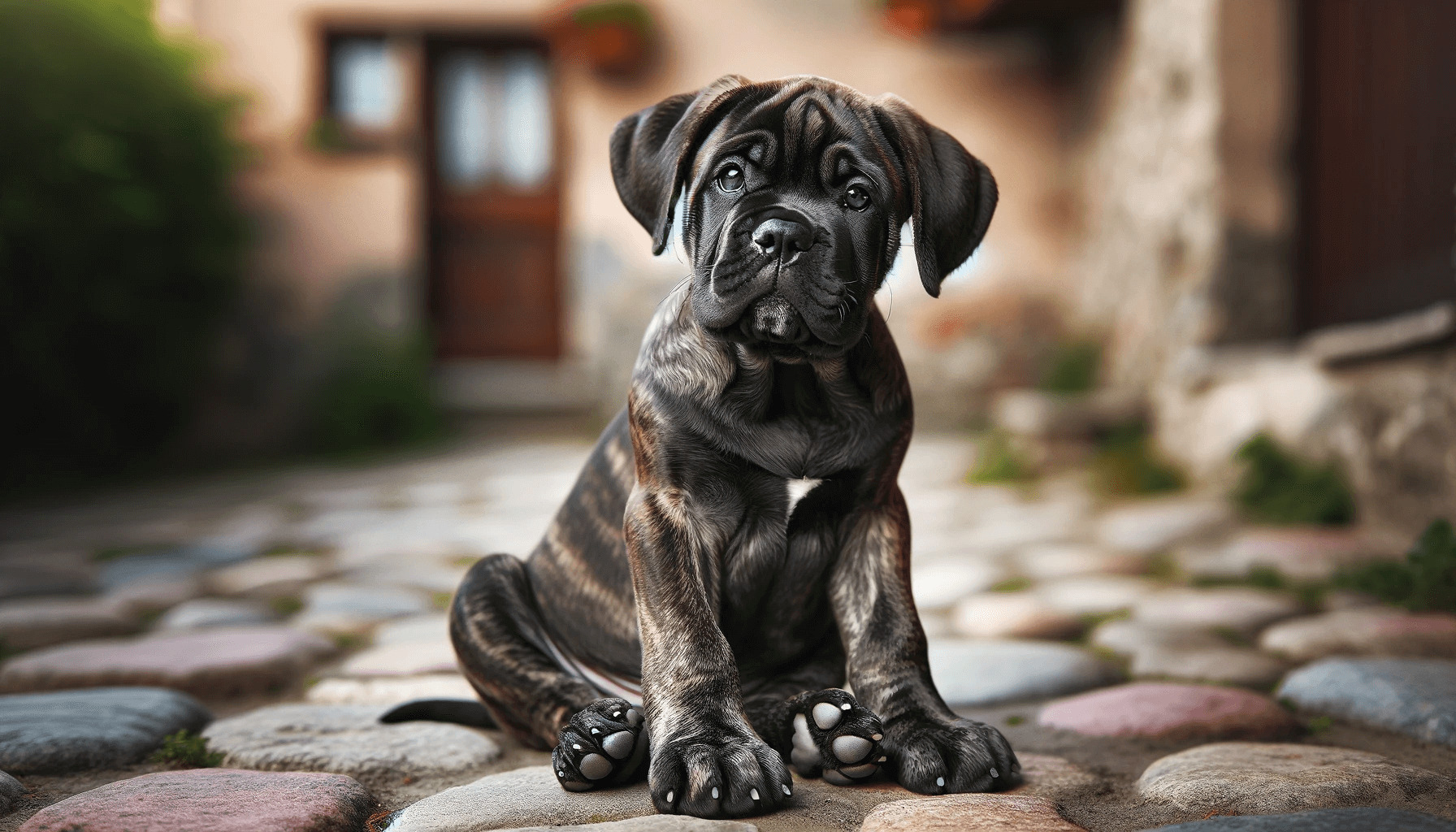 A young brindle Cane Corso puppy sitting on a stone pathway, looking slightly to the side, displaying curiosity and innocence.