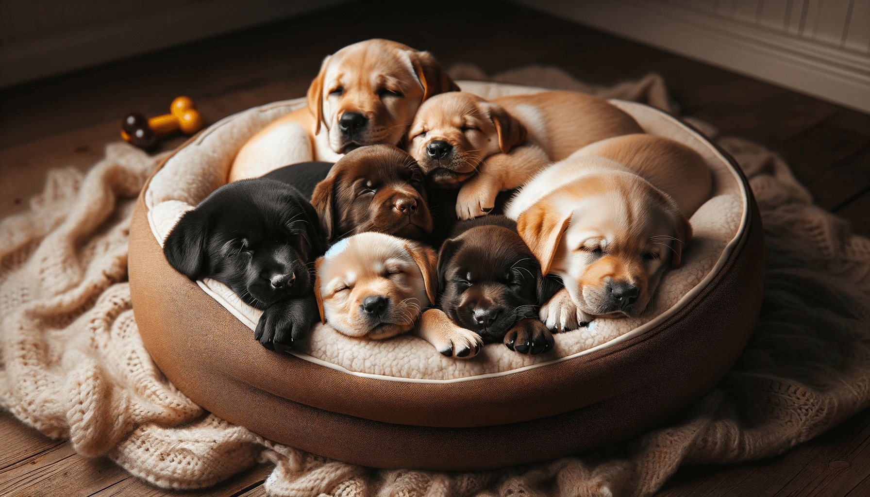 Adorable Labrador Retriever puppies cuddling together in a cozy dog bed, showcasing their irresistible charm.