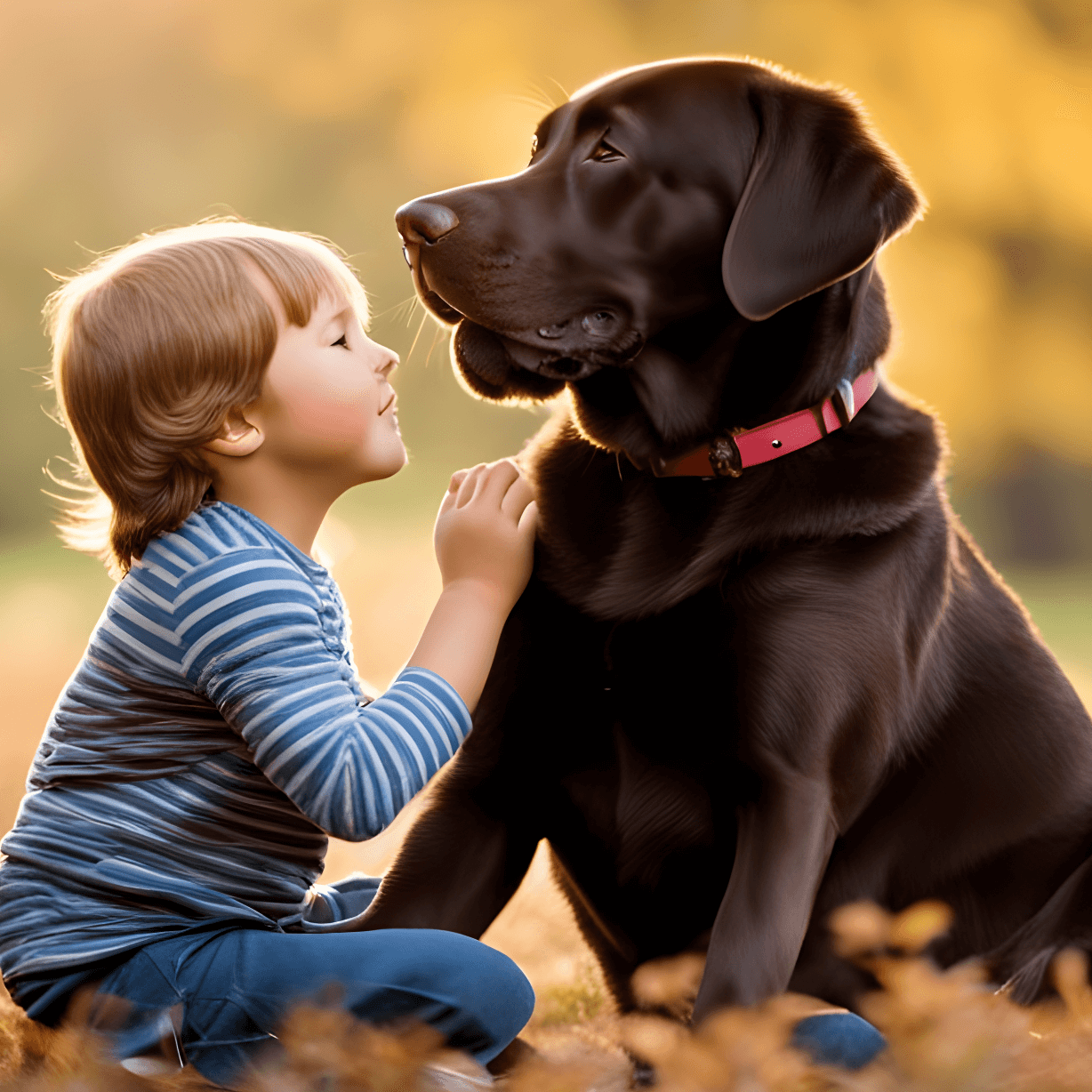 An English Chocolate Lab sharing a tender moment with a young child embodying its nurturing spirit