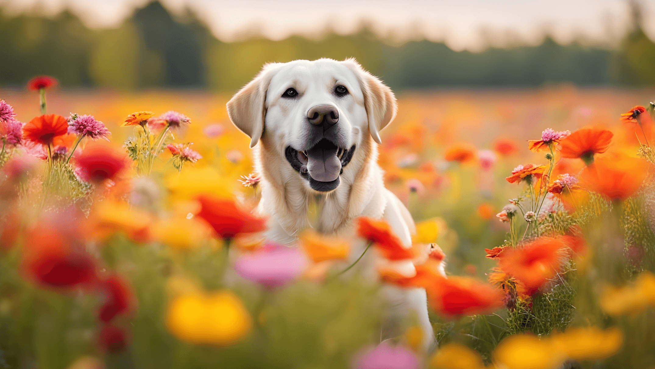 An adorable Labrador Retriever joyfully playing in a field of colorful flowers